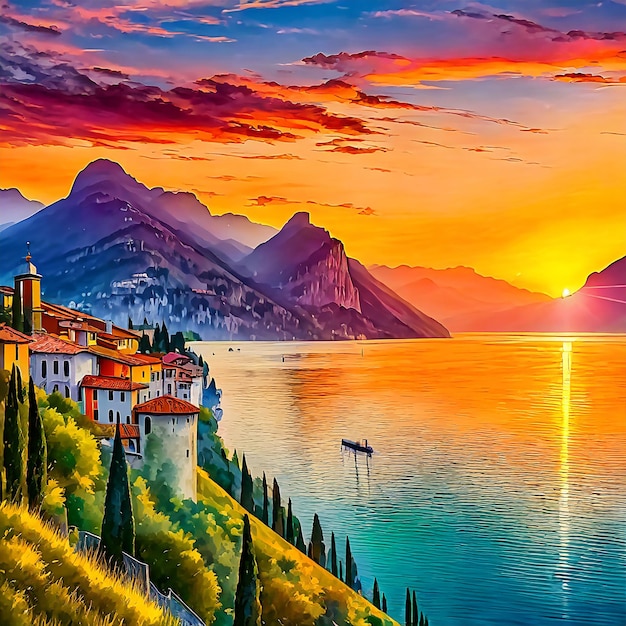 Paisaje del lago al atardecer Verano y colores cálidos