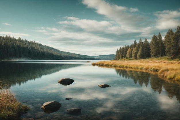 Paisaje con lago y bosque al atardecer hermoso paisaje de verano