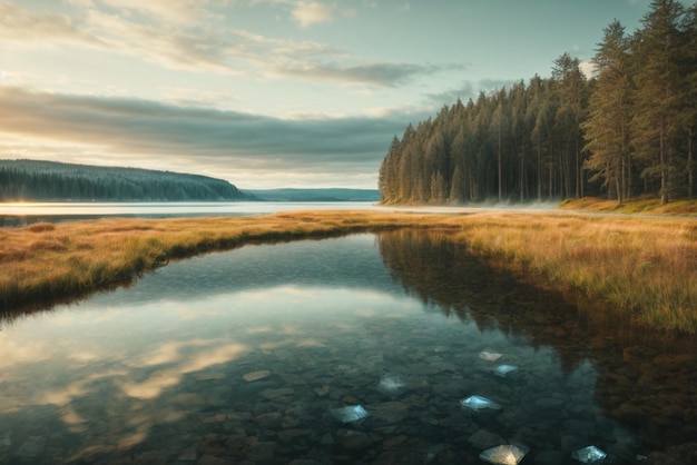 Foto paisaje con lago y bosque al atardecer hermoso paisaje de verano