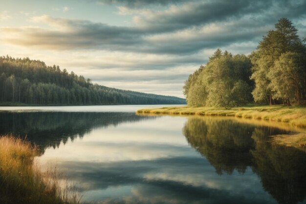 Foto paisaje con lago y bosque al atardecer hermoso paisaje de verano