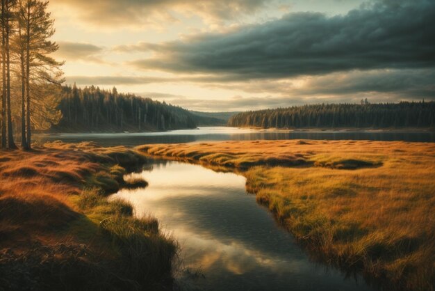 Paisaje con lago y bosque al atardecer hermoso paisaje de verano