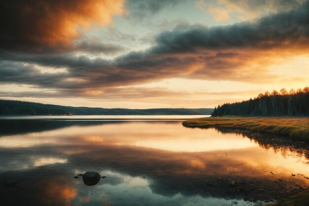 Paisaje con lago y bosque al atardecer hermoso paisaje de verano