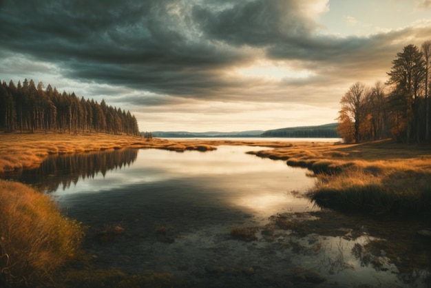 Foto paisaje con lago y bosque al atardecer hermoso paisaje de verano