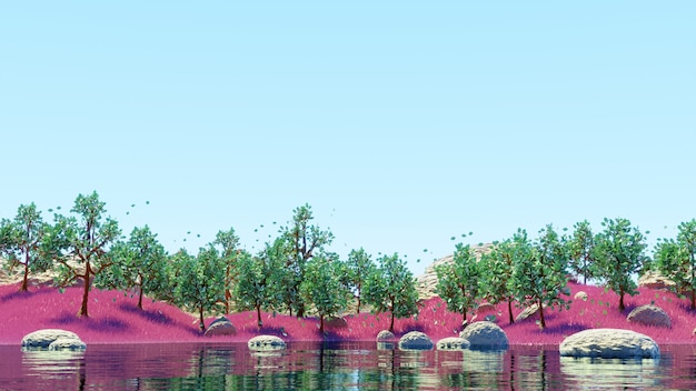 Paisaje lago y cielo árboles verdes y hierba rosa 3d render