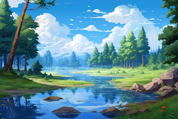 Paisaje del lago forestal en estilo anime