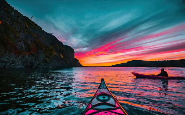 Paisaje con lago y kayak