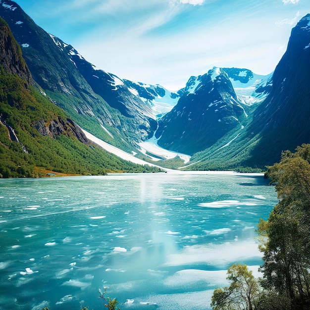 Foto paisaje con el lago lovatnet congelado noruega