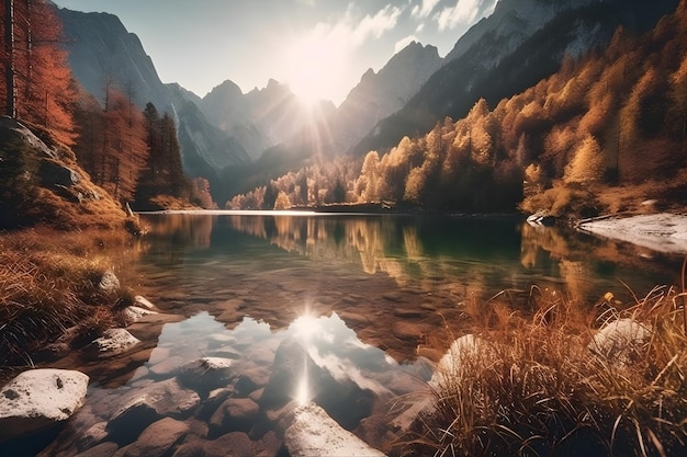 Un paisaje con un lago y montañas al fondo.