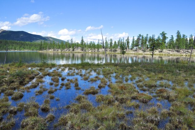 Paisaje con un lago y montañas a lo largo de las orillas.