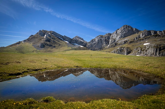 Paisaje con lago y montañas