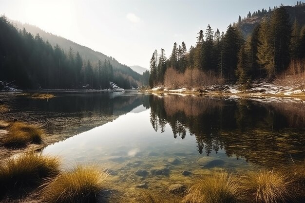 paisaje con lago muchos arboles pinos y montañas