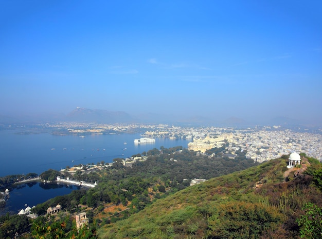 Paisaje con lago y palacios en Udaipur