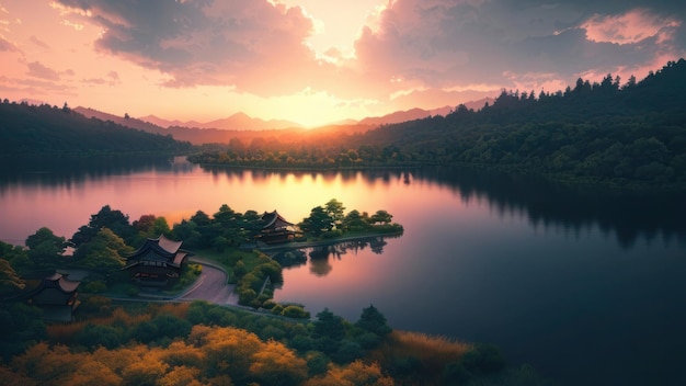 Un paisaje de un lago con una puesta de sol de fondo