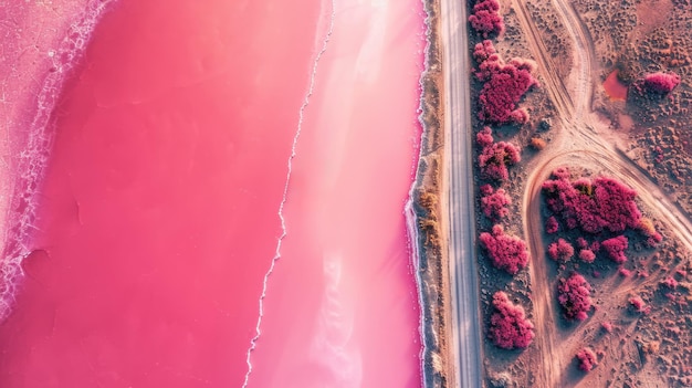 Paisaje de lago salado rosa con la carretera y el automóvil conduciendo vista aérea