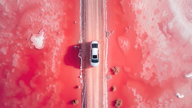 Paisaje de lago salado rosa con la carretera y el automóvil conduciendo vista aérea