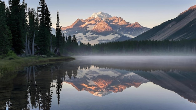 El paisaje del lago de sol y el monte Assiniboine se reflejan entre los pinos al amanecer