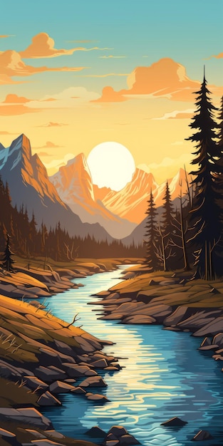 Paisaje del lago Trough River con árboles e ilustración del bosque