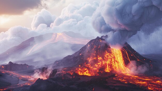 Paisaje de lava congelada del volcán erupción volcánica desastre natural magma humo fuego alta temperatura Paisaje desértico con formaciones ígneas Poder de la naturaleza concepto Generativo por IA