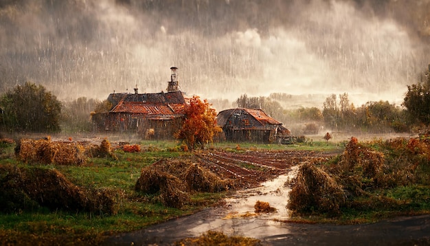 Paisaje lluvioso con casas campo de otoño con cosecha.