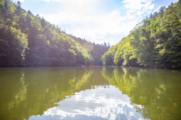 Un paisaje a lo largo del río Vltava en la República Checa vista desde el agua