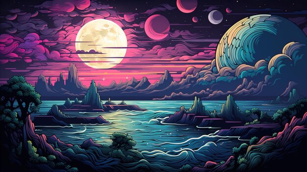 un paisaje con una luna y agua