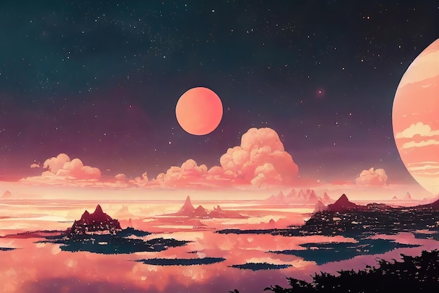 Un paisaje con una luna rosa y un planeta.