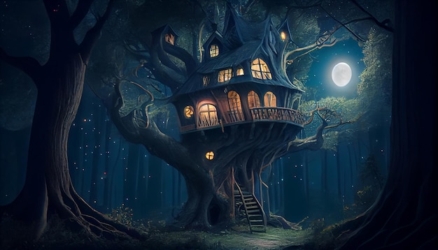 Un paisaje mágico de cuento de hadas de fantasía de una casa en el árbol por la noche en un bosque