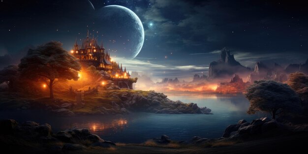 Foto el paisaje mágico del cuento de hadas de fantasía de la noche en un bosque