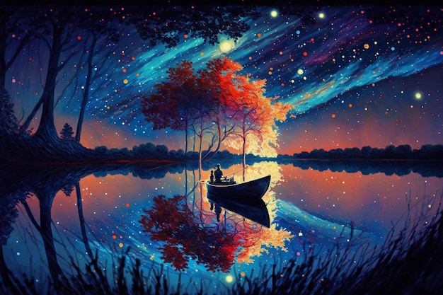 Paisaje mágico de fantasía escénica con reflejo de estrellas en el estilo pintado abstracto del lago