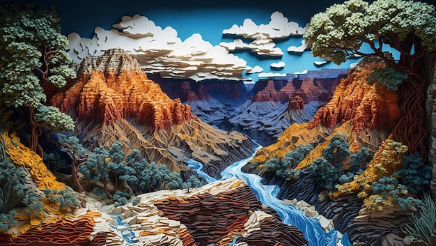 Paisaje mágico del parque nacional del gran cañón con diseño de arte de filigrana de papel