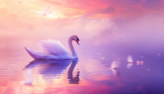 Paisaje mágico de puesta de sol rosado con luces brillantes de cisne Cisnes están nadando en la luz del sol de las aguas