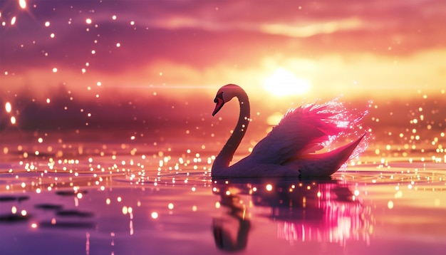 Paisaje mágico de puesta de sol rosado con luces brillantes de cisne Cisnes están nadando en la luz del sol de las aguas