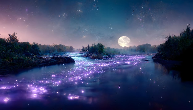 Paisaje mágico del río nocturno con partículas brillantes de agua azul bioluminiscente cielo estrellado y arte generado por la red neuronal lunar