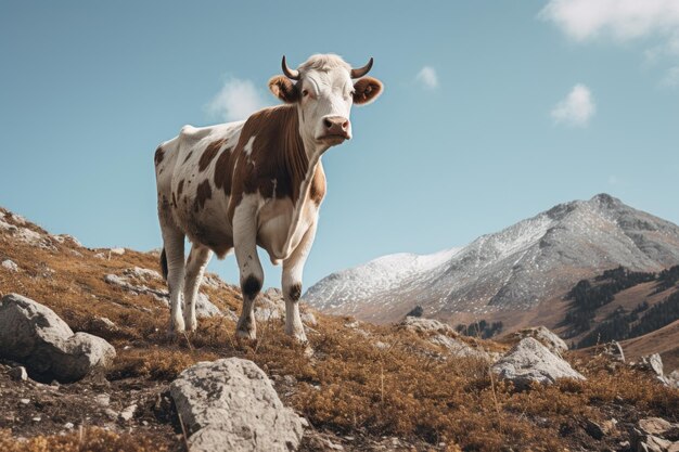 Foto paisaje majestuoso un encuentro gracioso de una vaca blanca y marrón cerca de la montaña torre en un sunn