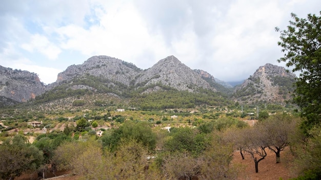 Paisaje de Mallorca visto desde el tren de Sóller con una hermosa vista a la montaña