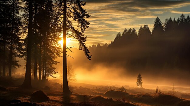 paisaje mañana en el bosque brumoso de otoño los rayos de la luz del sol al amanecer brillan a través de la niebla en una vista panorámica del parque de octubre