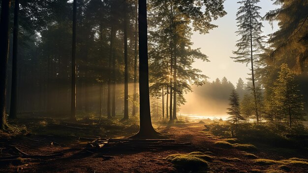 Foto paisaje mañana en el bosque brumoso de otoño los rayos de la luz del sol al amanecer brillan a través de la niebla en una vista panorámica del parque de octubre