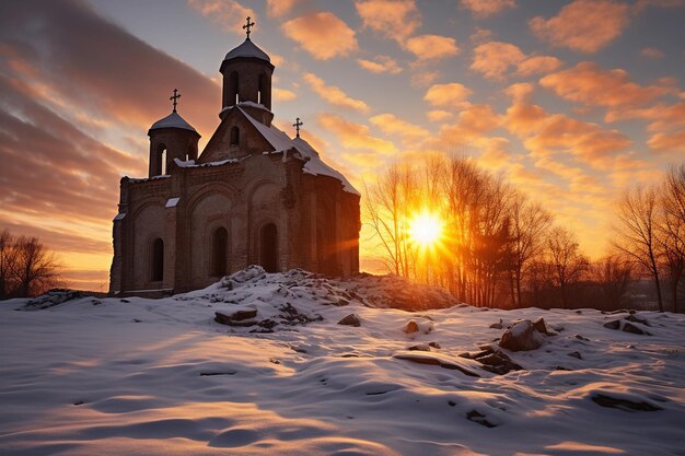 Paisaje de mañana nevado con una antigua iglesia en invierno