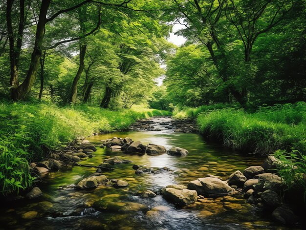 Un paisaje de manantial que fluye en el bosque de Natures