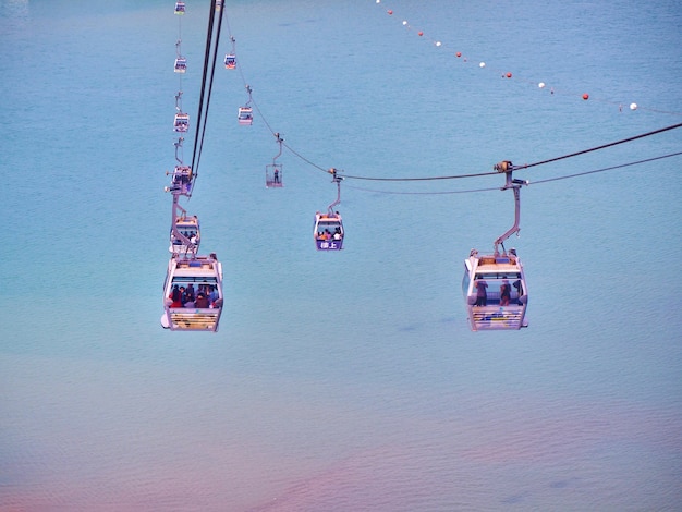 Paisaje de mar, cielo y Ngong ping 360 teleféricos en la isla de Lantau, Hong Kong.