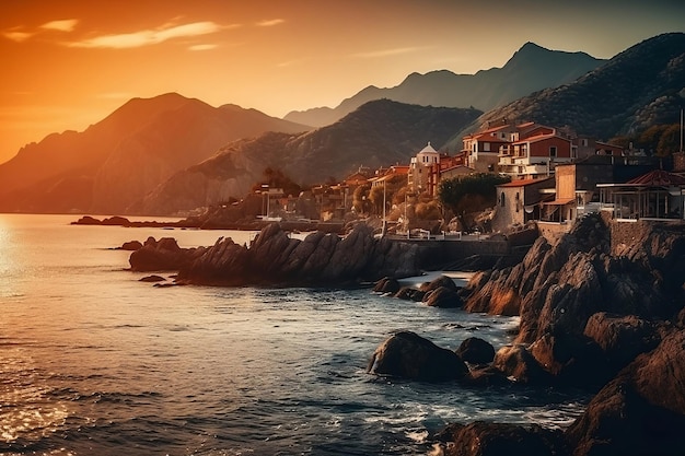 Paisaje de mar y montaña con ciudad al atardecer colorido