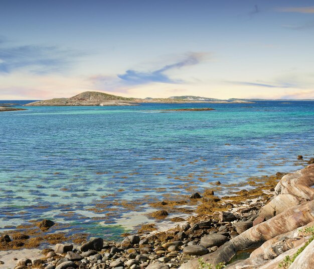 Paisaje de mar rocoso vacío o orilla del río en el día de verano fuera Tranquilo horizonte sereno vibrante naturaleza pacífica océano y mar en Bodo Nordland en Noruega con copyspace Viajar al extranjero y al extranjero