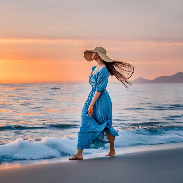 Paisaje marino durante el amanecer Mujer en la playa Joven mujer feliz con un largo vestido azul ondeante y sombrero de paja camina por la orilla del mar