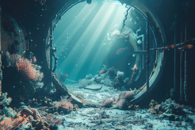 Paisaje marino de estilo retro con vista submarina