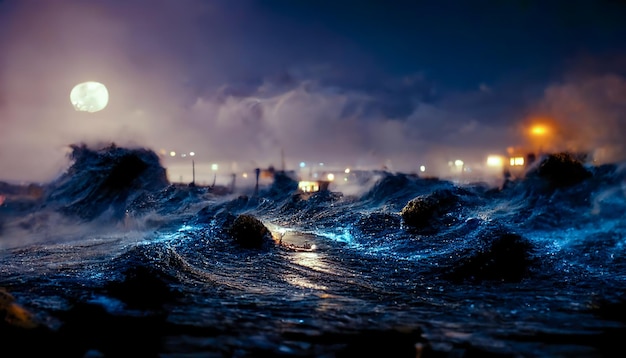 Paisaje marino de fantasía nocturna con hermosas olas y espuma Vista nocturna del océano Espuma de neón en las olas de agua Reflejo en el agua del cielo estrellado Ilustración 3D
