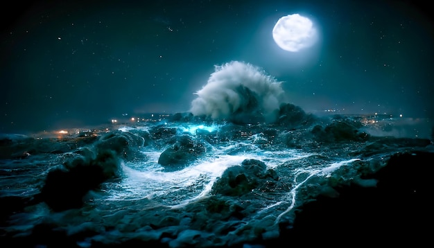 Paisaje marino de fantasía nocturna con hermosas olas y espuma Vista nocturna del océano Espuma de neón en las olas de agua Reflejo en el agua del cielo estrellado Ilustración 3D