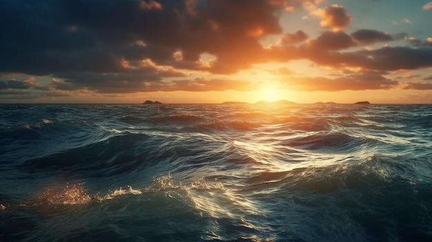 Paisaje marino con gaviotas al atardecergenerativo ai