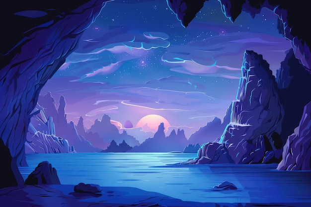 Un paisaje marino místico iluminado por la luna con agua bioluminescente y acantilados rocosos