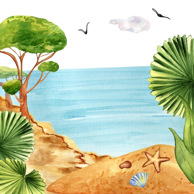 Paisaje marino océano playa concha estrella de mar acuarela ilustración