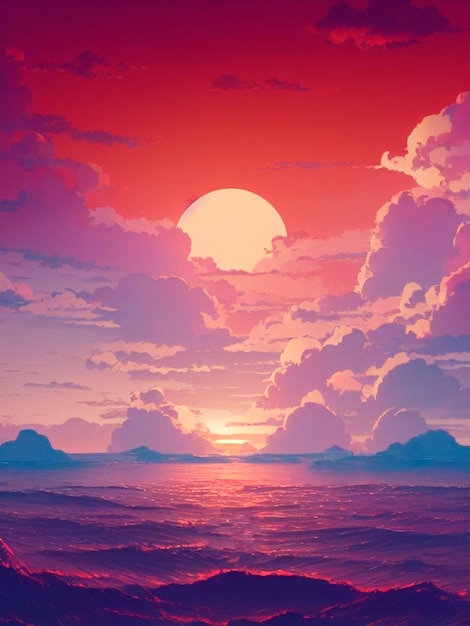 paisaje marino rosa brillante, distancia del océano, puesta de sol en el mar, nubes, olas